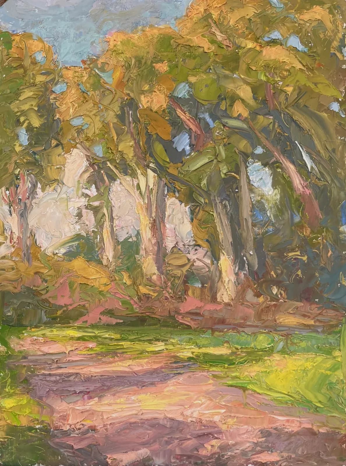 An impressionistic oil painting depicts a sun-dappled forest path with thick impasto brushstrokes in shades of Roti and Barley Corn.