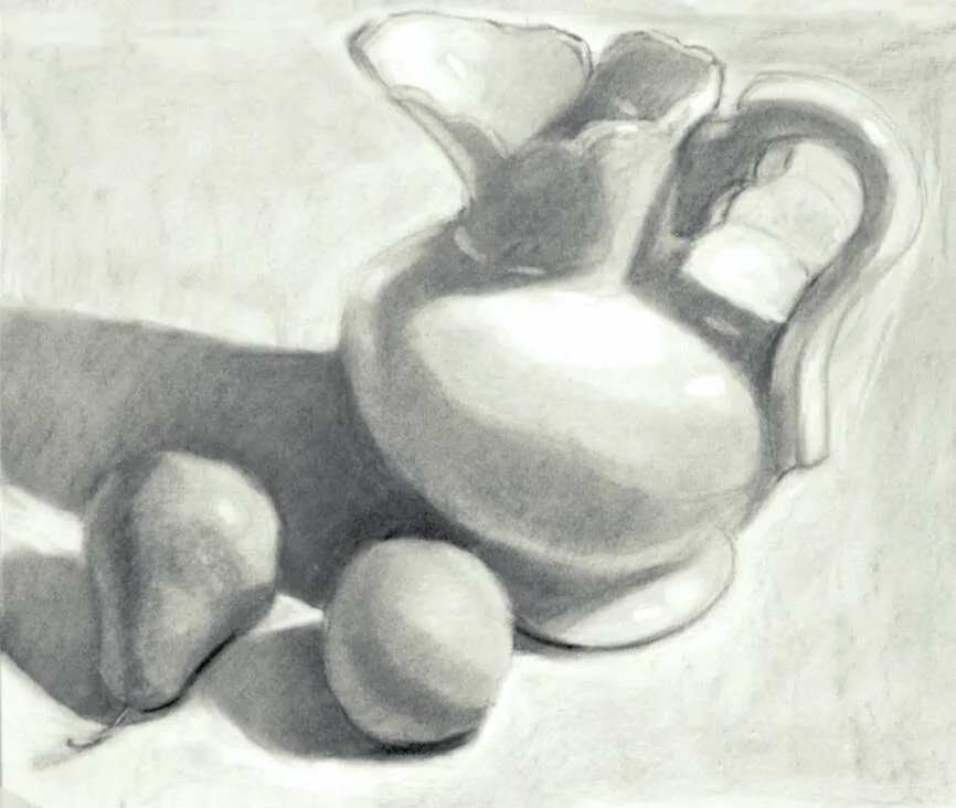 A graphite drawing of a pitcher with a pear and an orange, rendered in shades of green white and star dust.