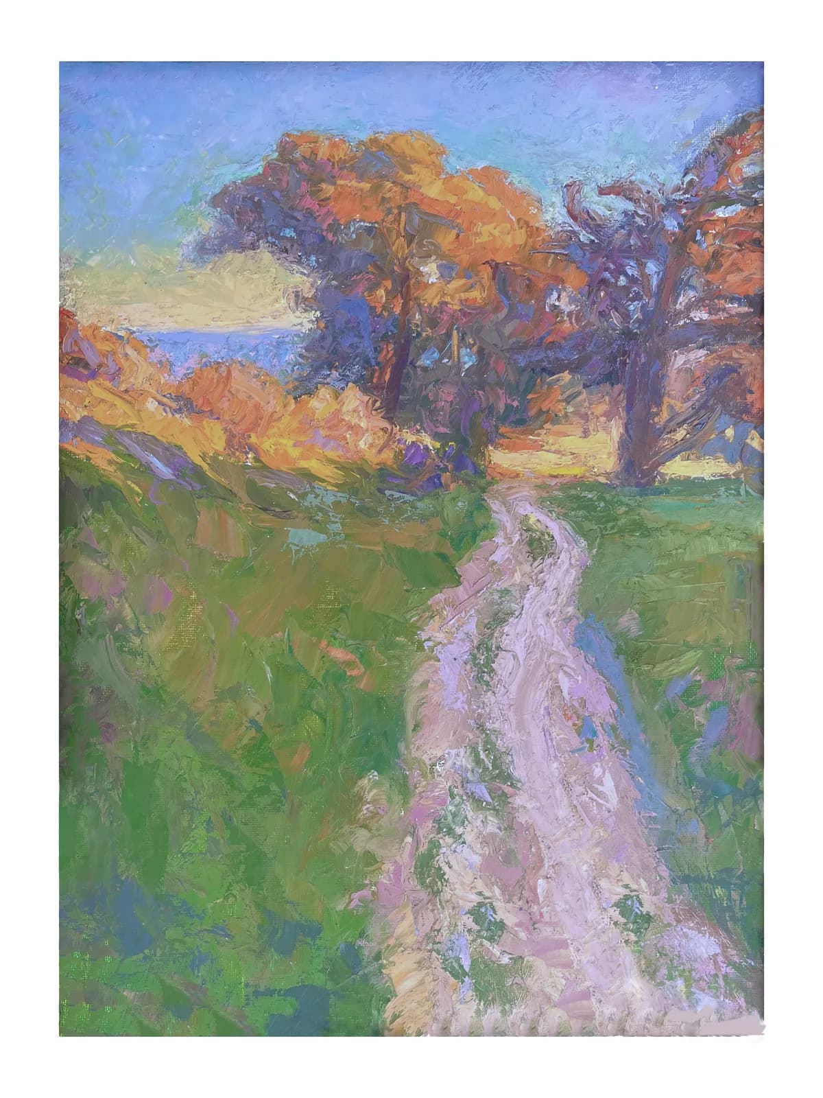 An impressionistic oil painting depicts a winding path through autumn trees toward a body of water.