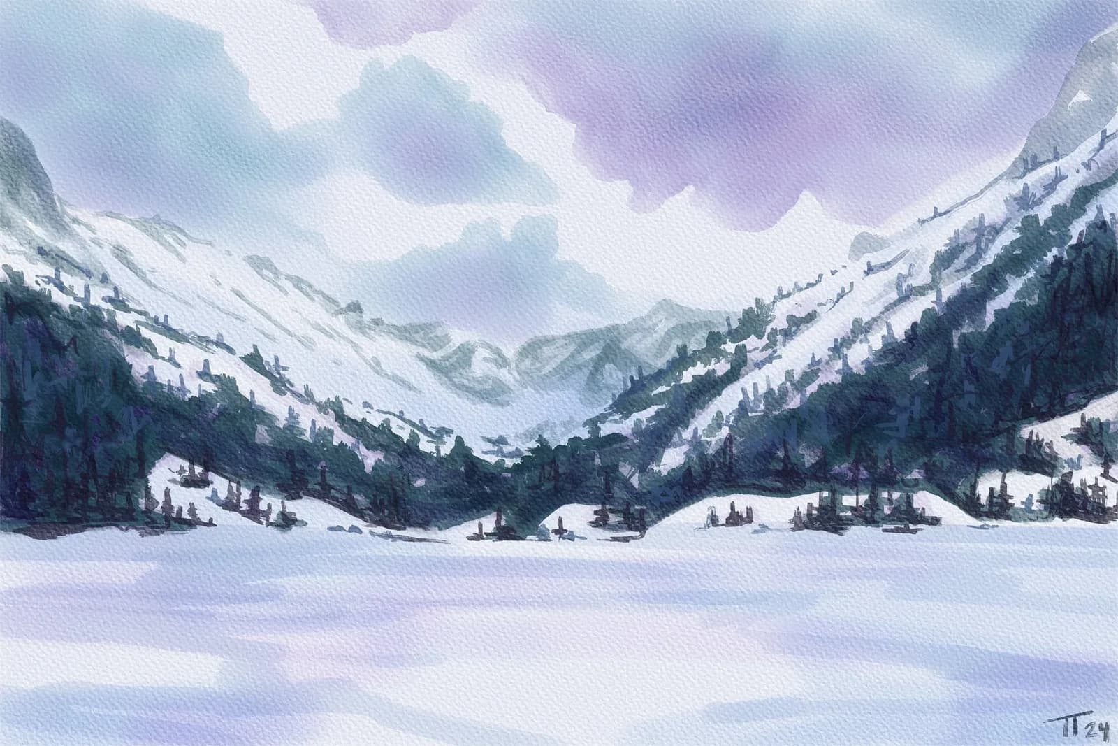 An impressionistic watercolor painting depicts a snow-covered mountain landscape with dark evergreen trees and a periwinkle gray sky.