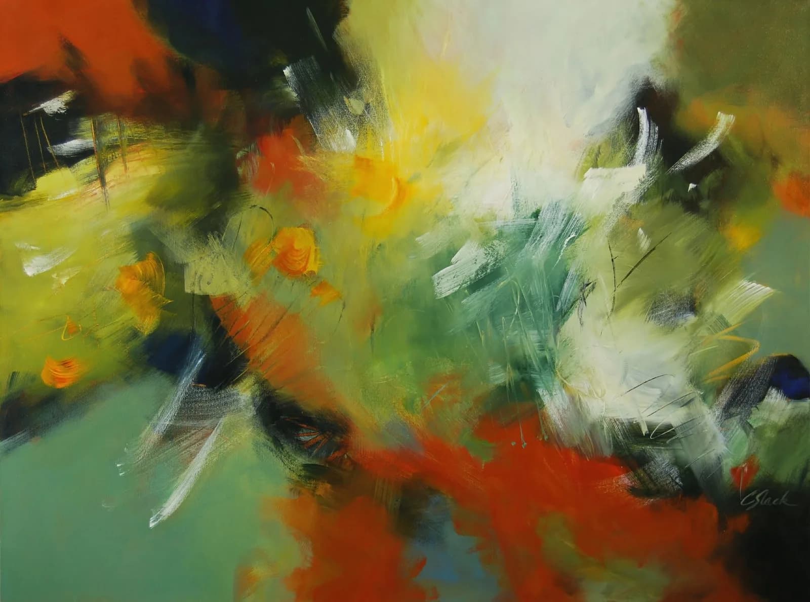 An abstract oil and acrylic painting features energetic brushstrokes in vibrant hues of orange, yellow, and green.