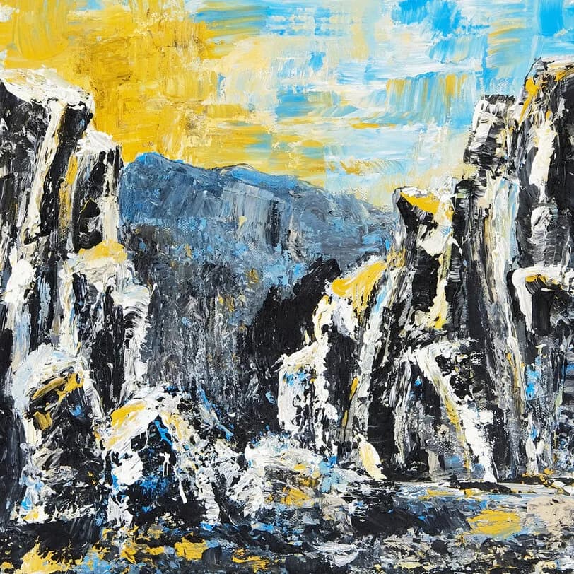An impressionistic oil painting depicts the Flatirons with bold impasto strokes in yellow, blue, and black.