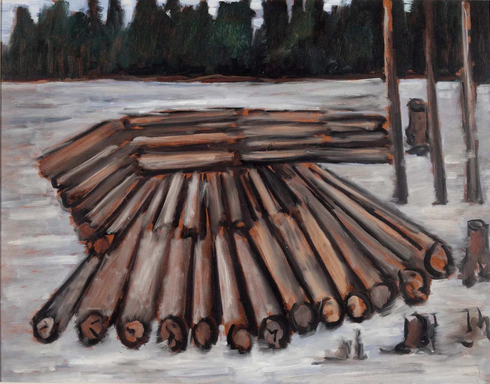 A winter landscape painting depicts a fan of logs on a snowy ground with a dark forest in the background.