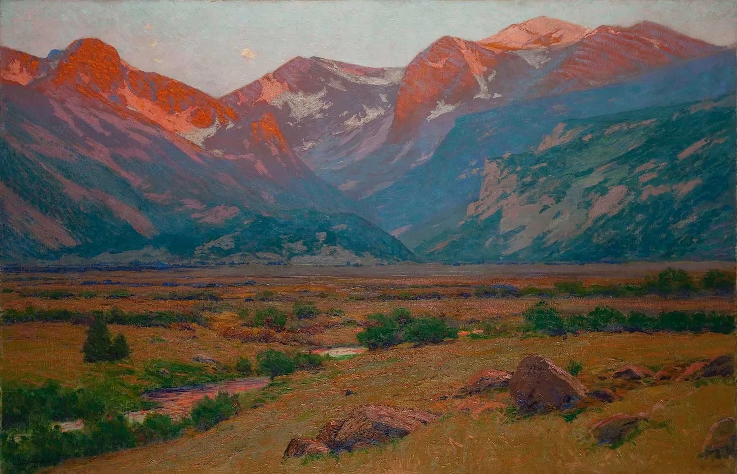 An impressionistic oil painting depicts a vast mountain valley at sunset, with warm light illuminating the peaks and a winding river in the foreground.