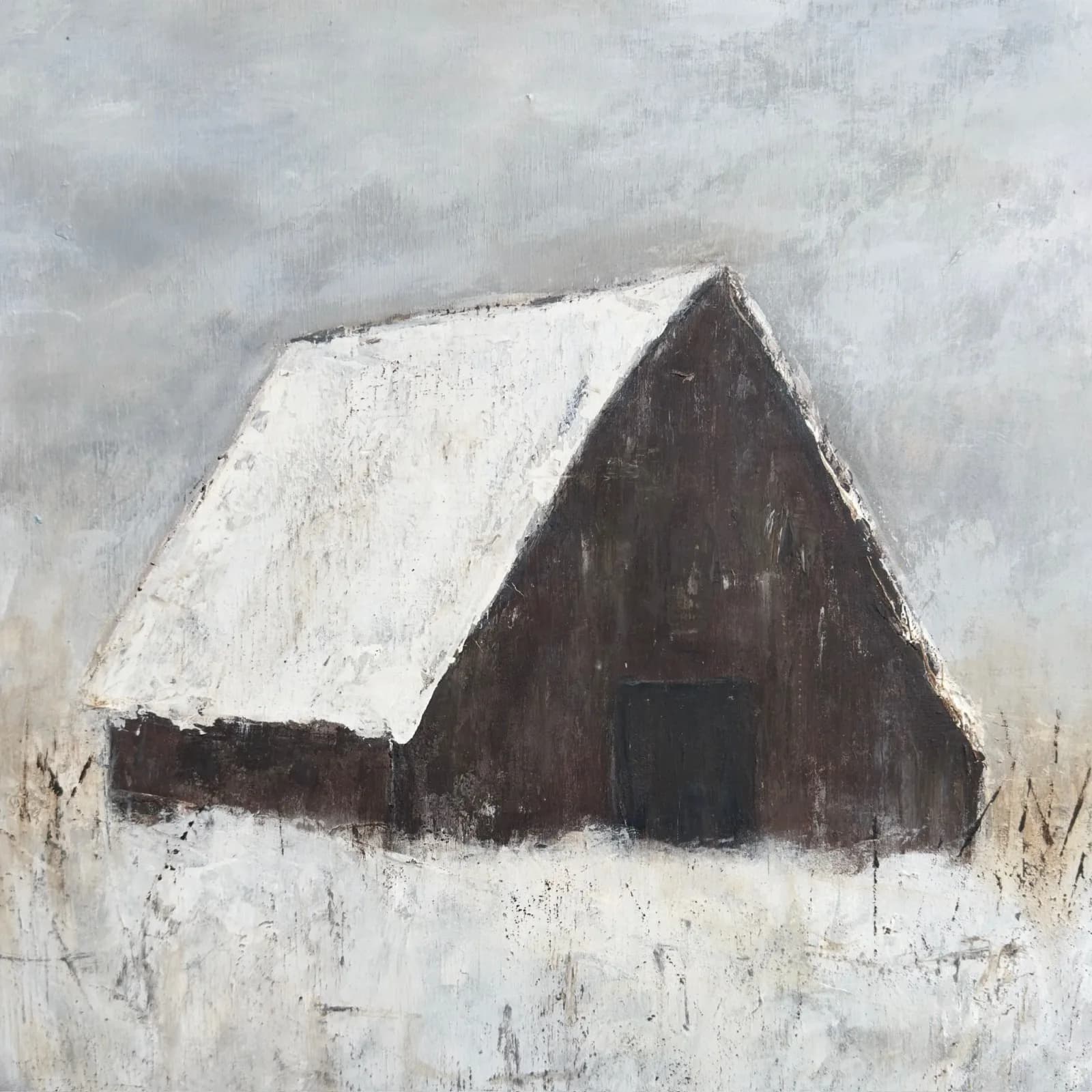 An expressionistic oil painting depicts a snow-covered barn in muted tones of Alto and Silver.