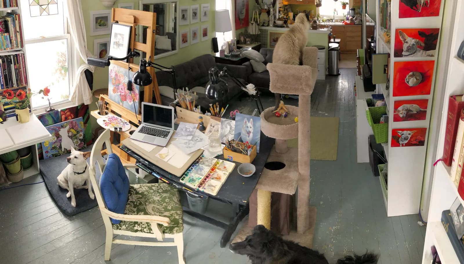 An artist's studio space with paintings, art supplies, and pets.