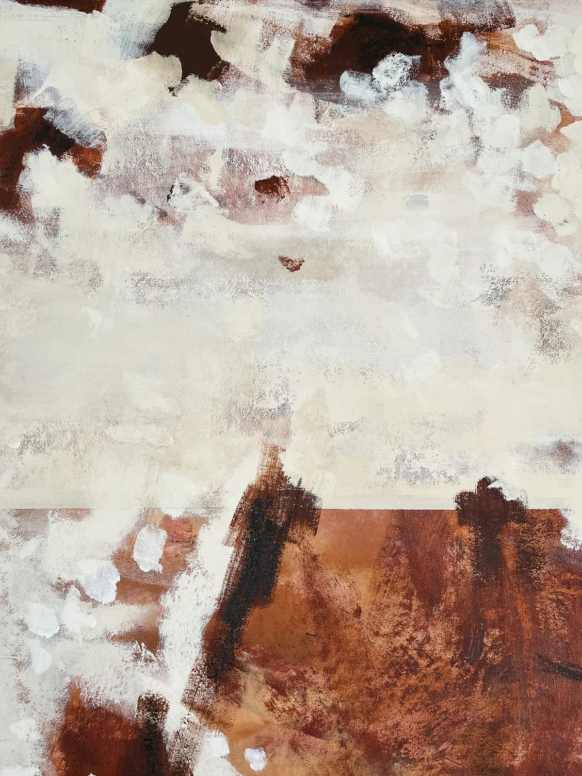An abstract landscape painting in earth tones with textured brushwork.