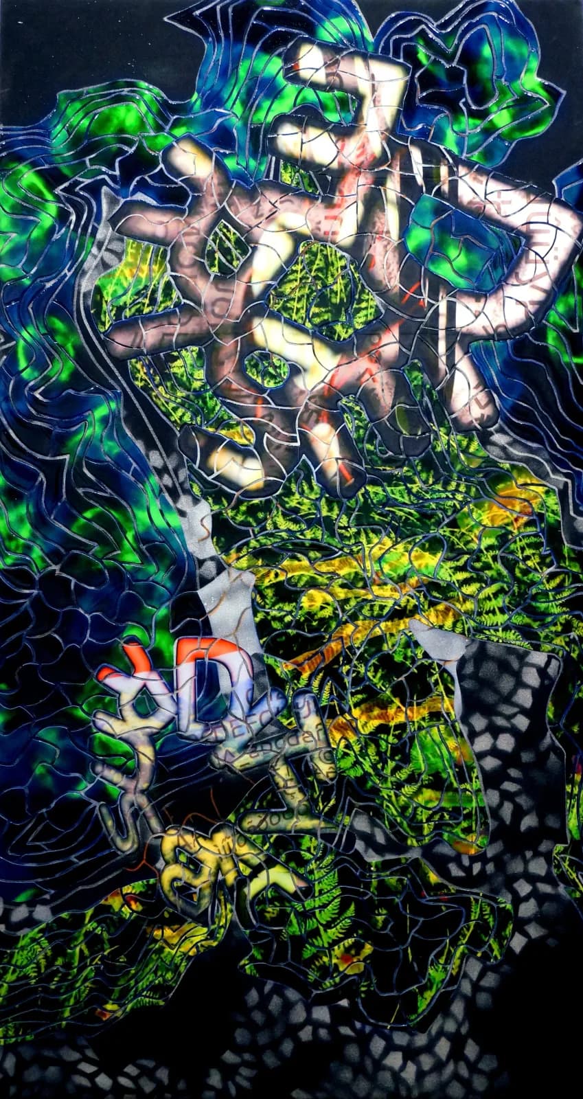 An abstract mixed media artwork features organic and geometric forms in shades of green, blue, and yellow.