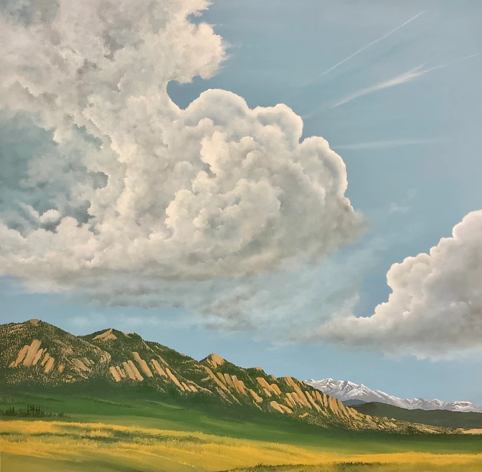 A dramatic sky with large clouds looms over the golden grassland and the iconic Flatirons mountains in this impressionistic oil painting.