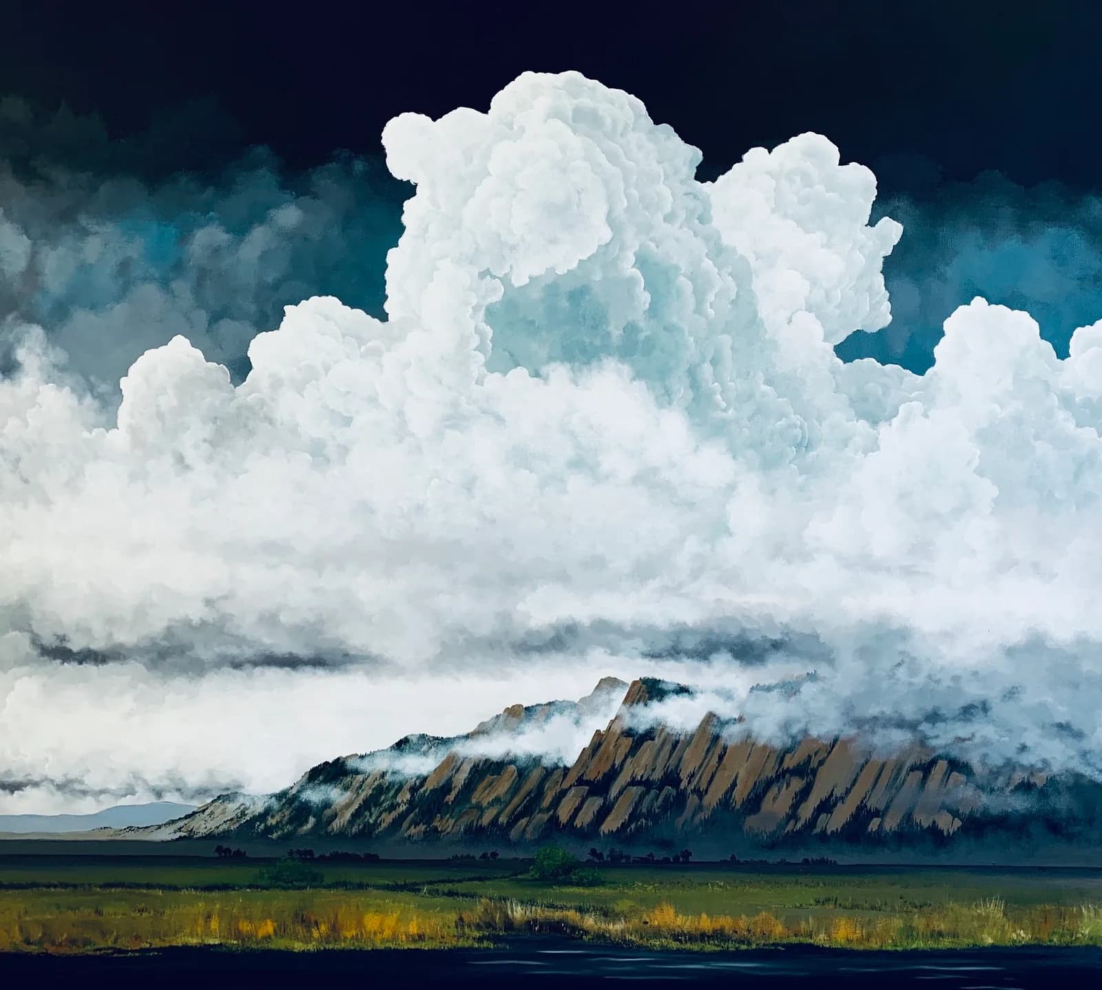 A dramatic sky with large cumulus clouds looms over the Flatirons in this Impressionist landscape painting.