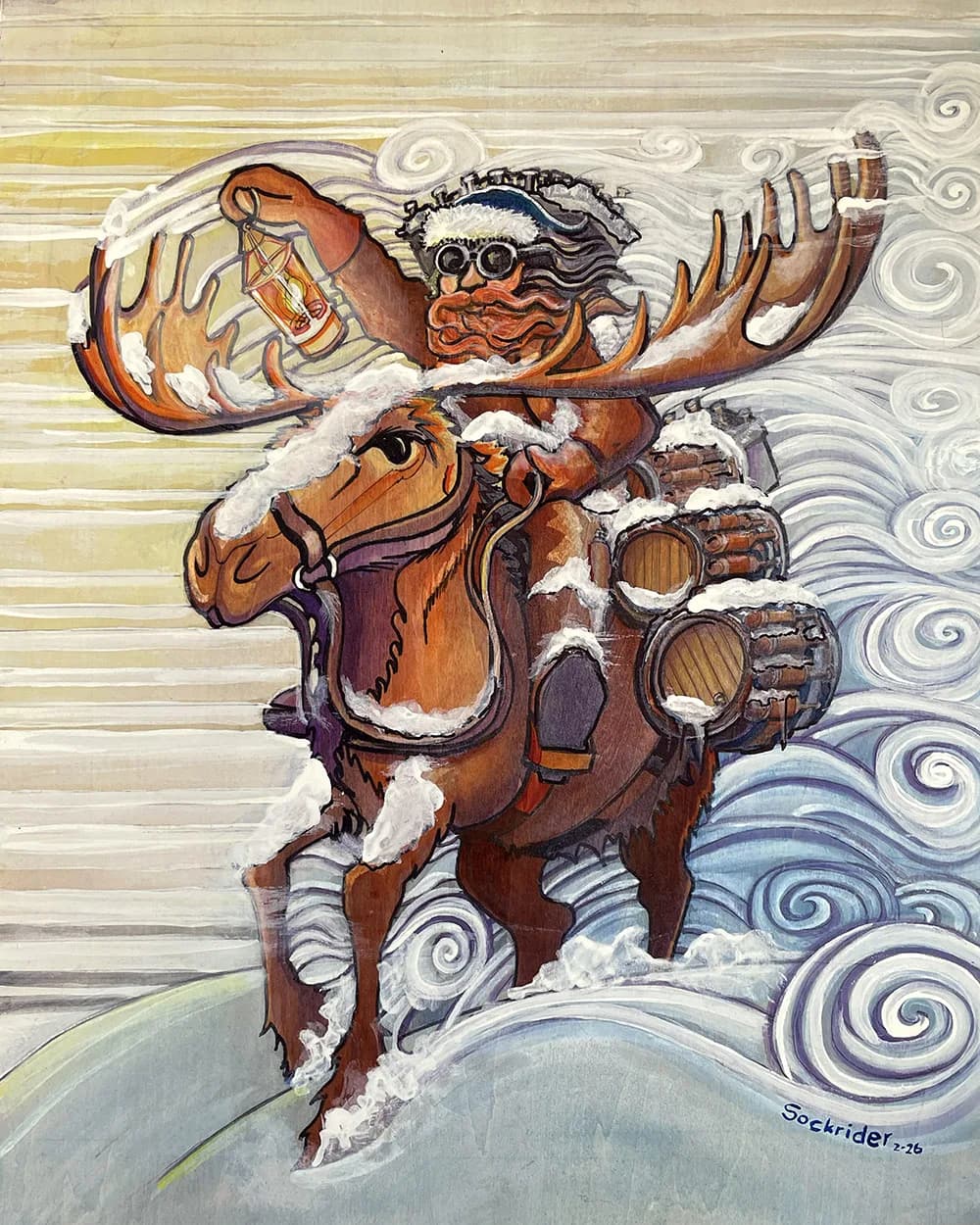 A whimsical folk painting depicts a moose carrying barrels through a snowy landscape, holding a lantern.