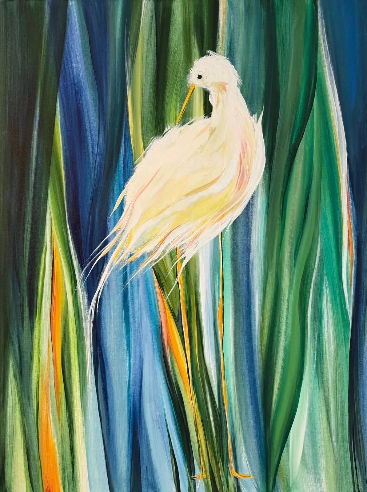A yellow egret stands amidst tall reeds in this oil painting, featuring a palette of Nugget, Killarney, and Heavy Metal.