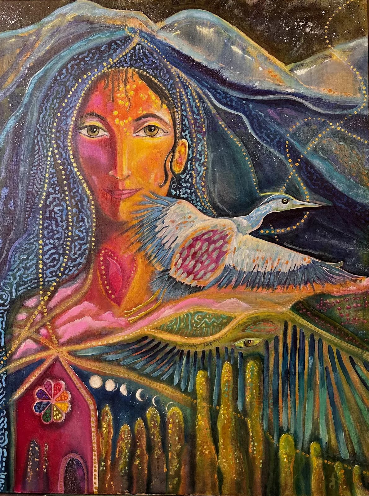 An abstract painting of a woman with a heron in flight, rendered in vibrant colors and symbolic imagery.