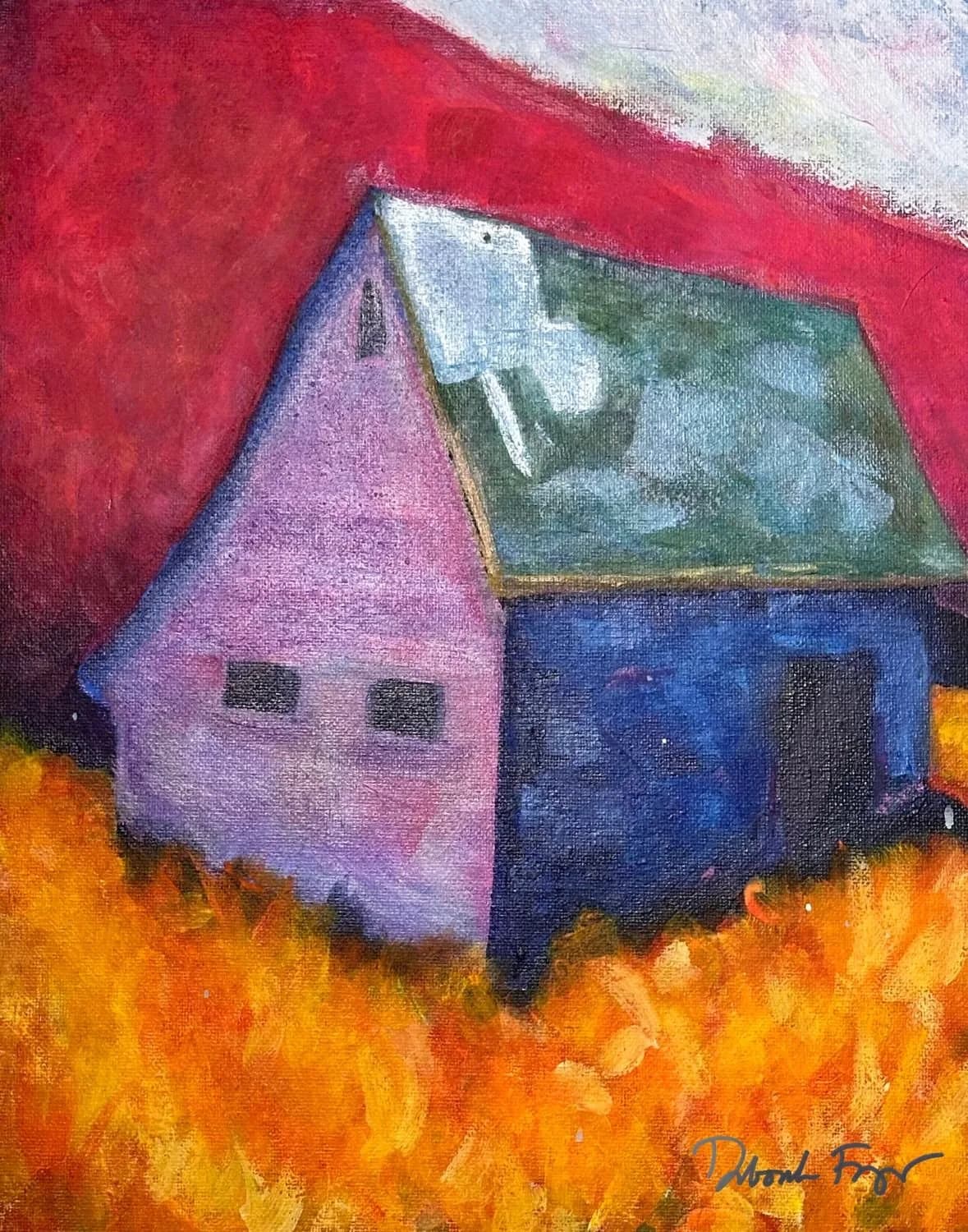 An expressionistic oil painting depicts a colorful barn set against a red hill and a field of golden grass.