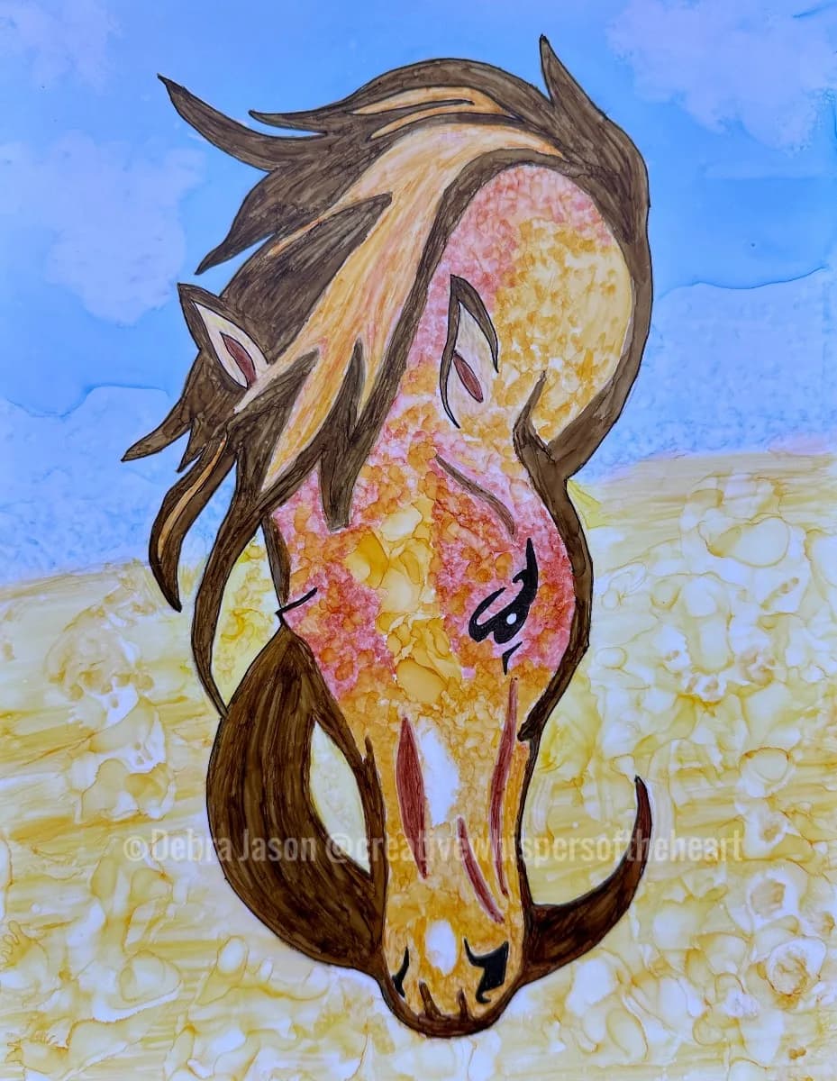 An expressive ink painting of a horse's head with a flowing mane against a blue sky and sandy ground.