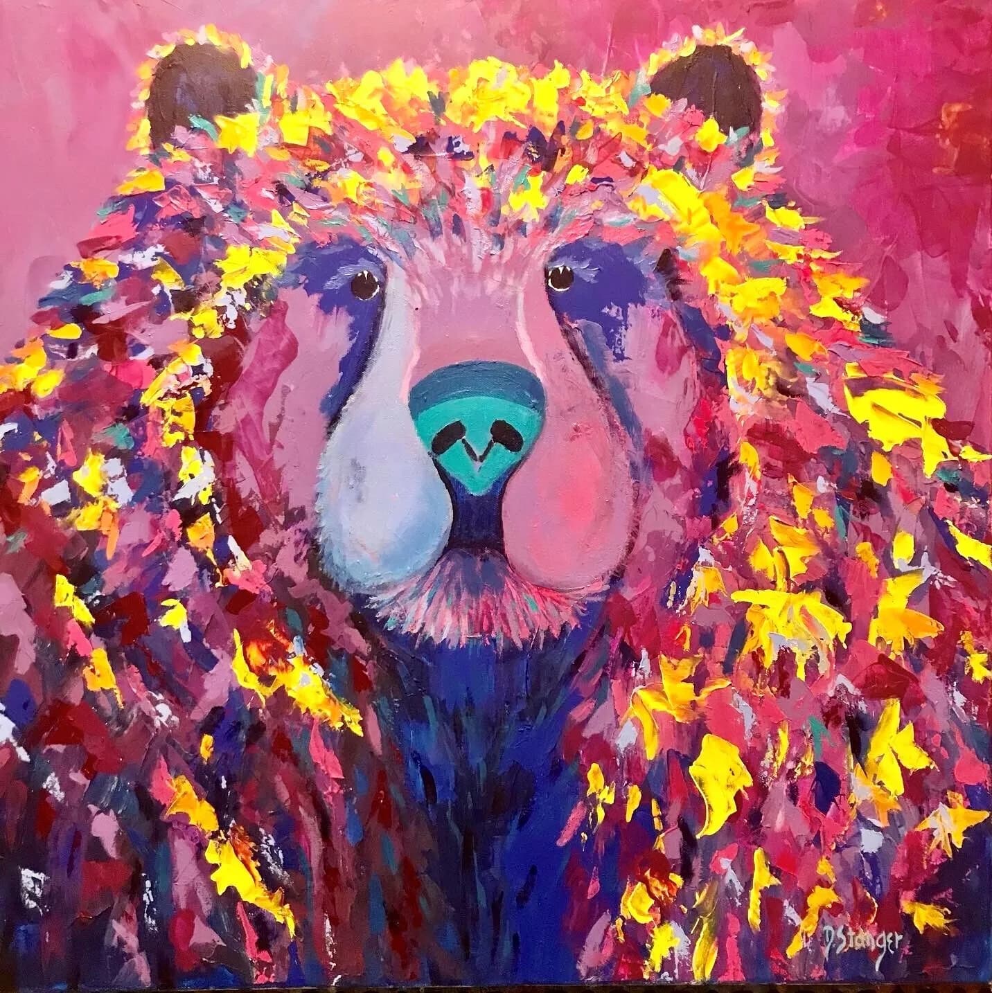 A vibrant, colorful bear painting in oil and acrylic, rendered with bold expressionistic brushstrokes.