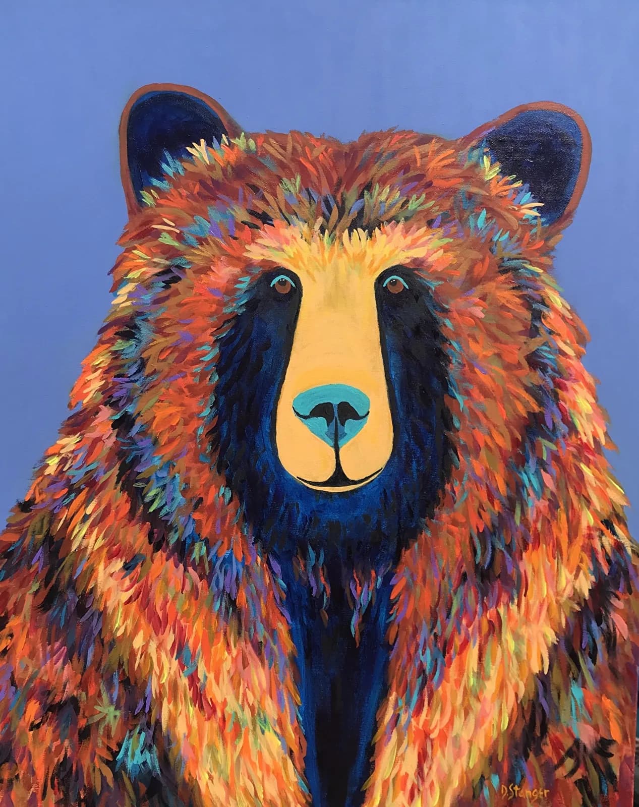 A vibrant oil and acrylic painting depicts a bear with colorful fur against a blue background.
