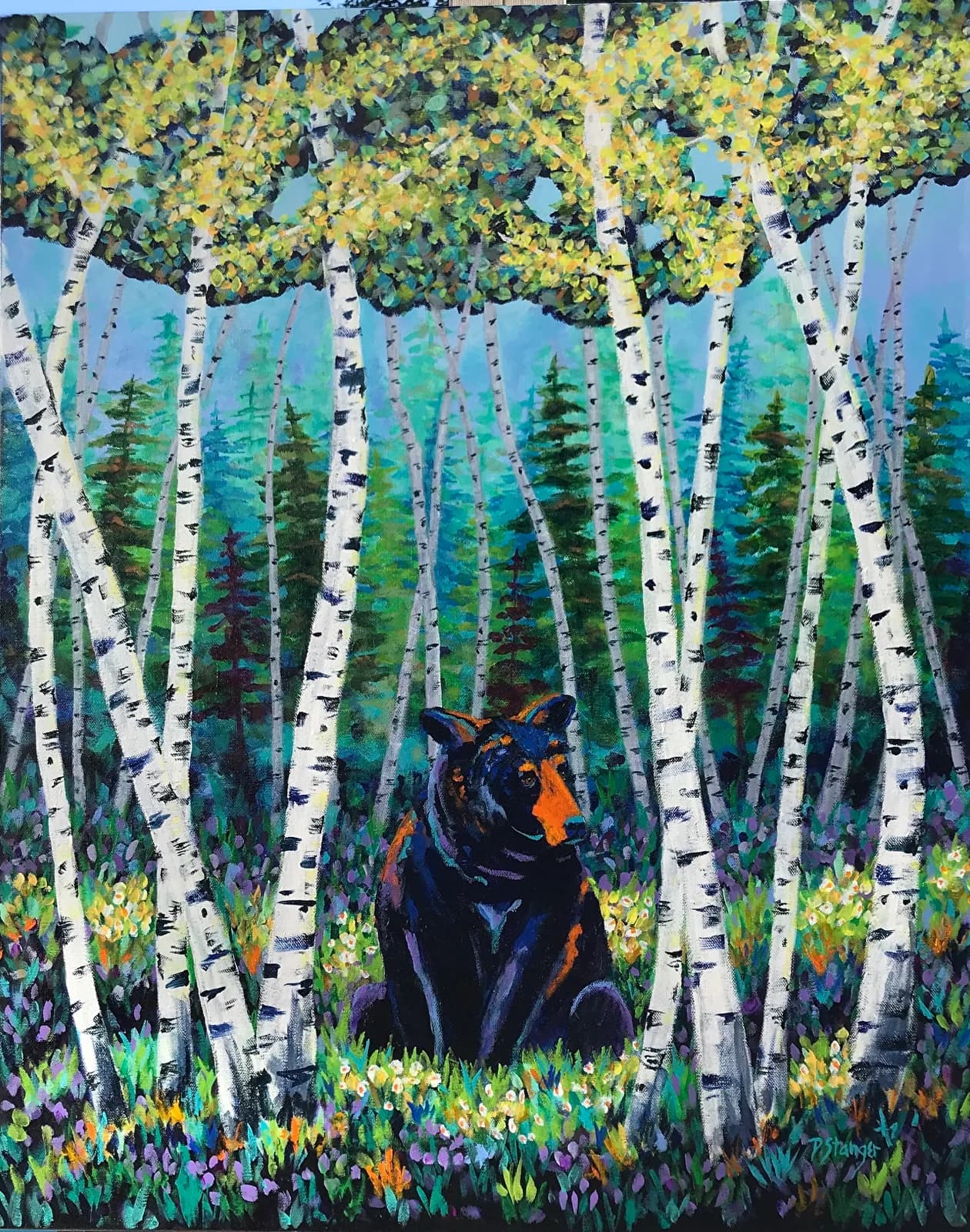 A black bear sits in a field of wildflowers surrounded by birch trees, rendered in vibrant oil and acrylic paints.