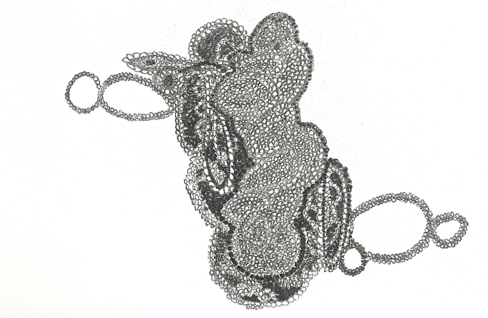 An abstract ink drawing features intricate patterns and organic forms in shades of gray and black.