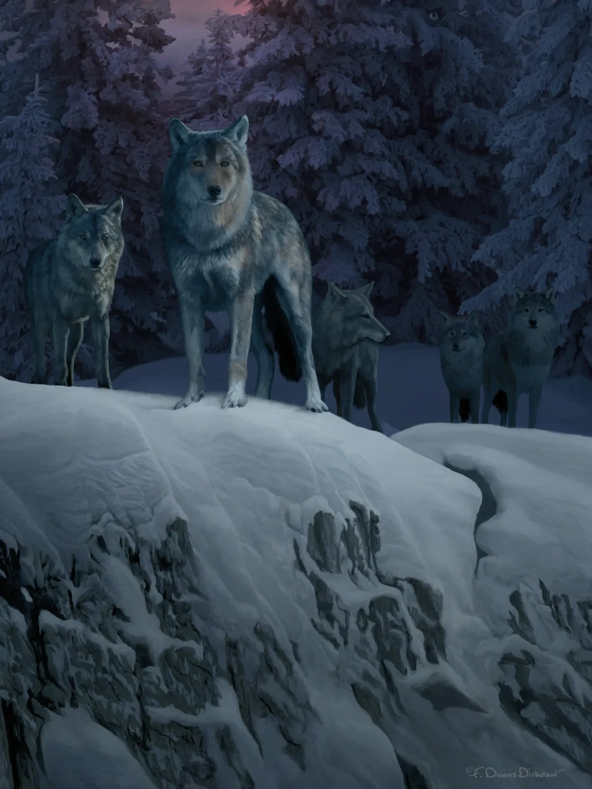 A pack of wolves stands on a snowy ridge in a winter forest, rendered in oil and acrylic.