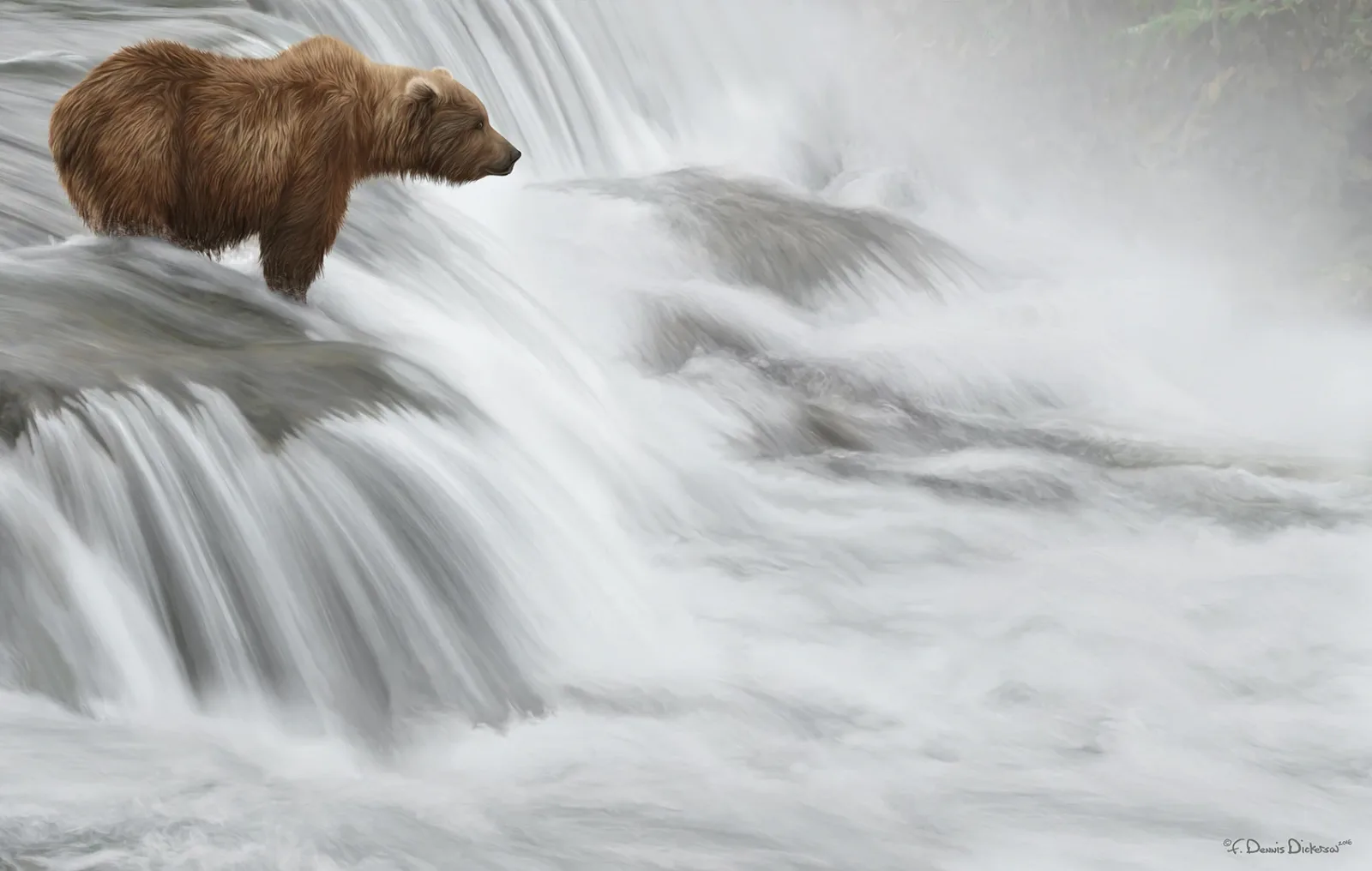 A brown bear stands in a rushing waterfall, rendered in oil and acrylic with a palette of Millbrook and Mercury.