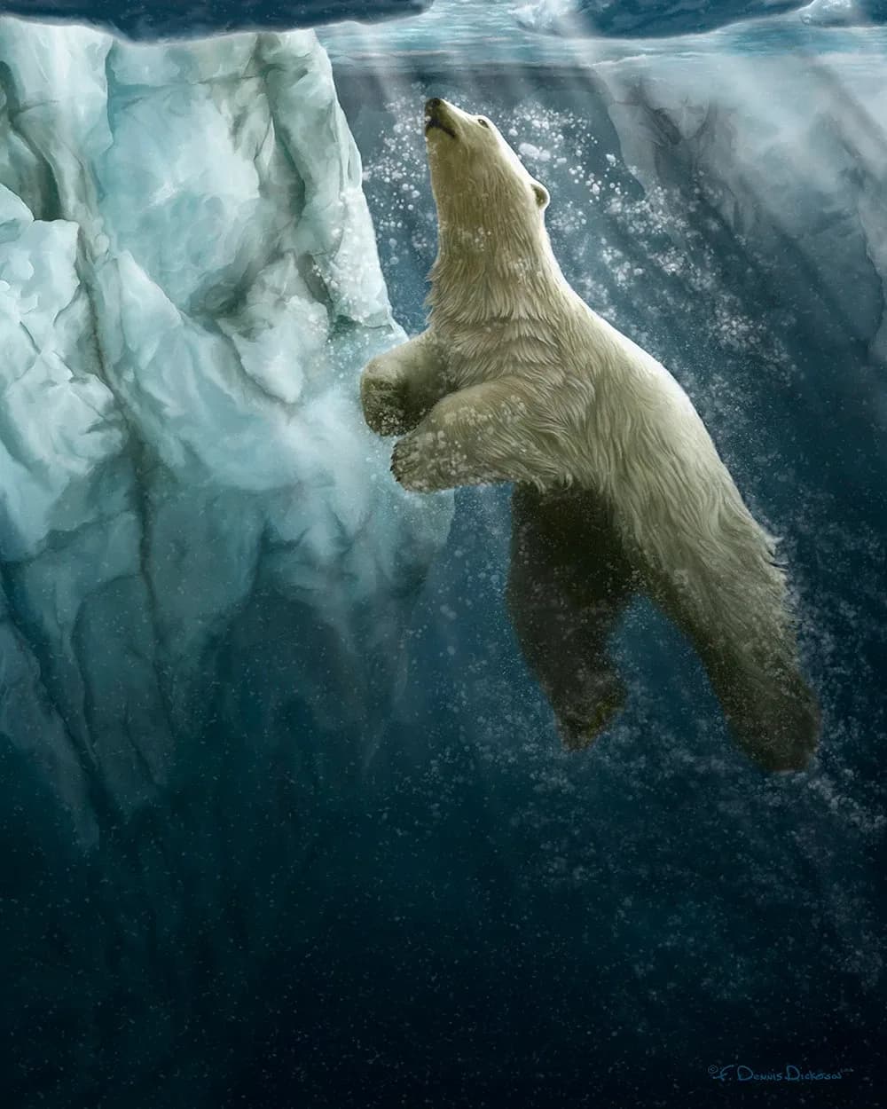 A polar bear swims upwards towards the surface of the water near an iceberg, rendered in oil and acrylic.