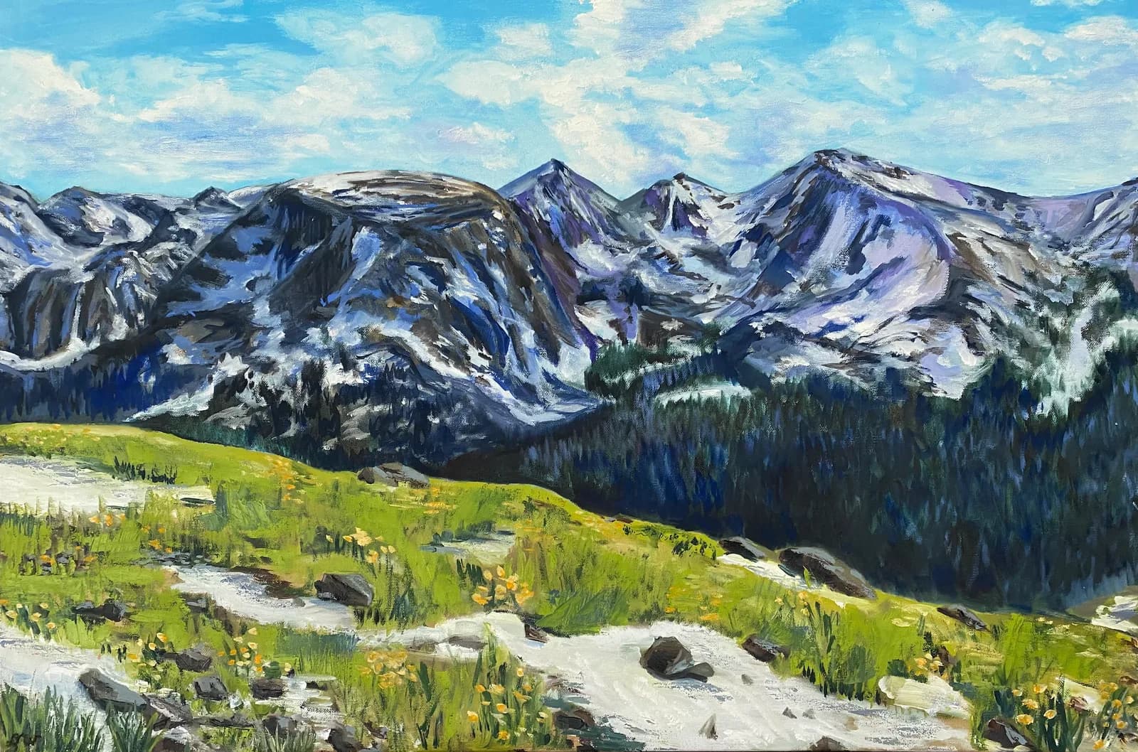 An impressionistic oil painting depicts a vibrant mountain landscape with snow-capped peaks, green meadows, and a bright blue sky.