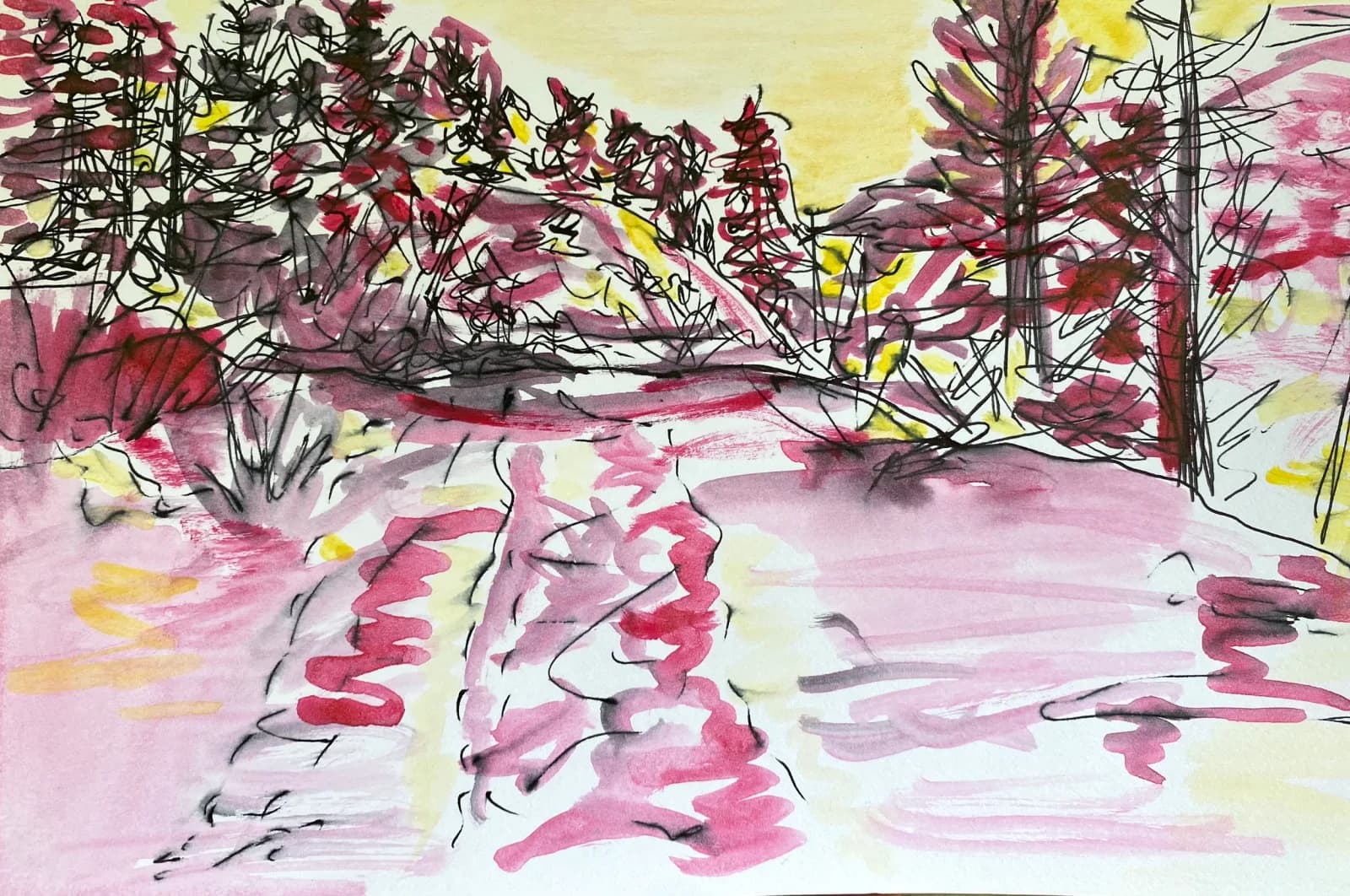 An expressive watercolor painting depicts a winter landscape with trees and a snow-covered path in shades of pink, yellow, and gray.