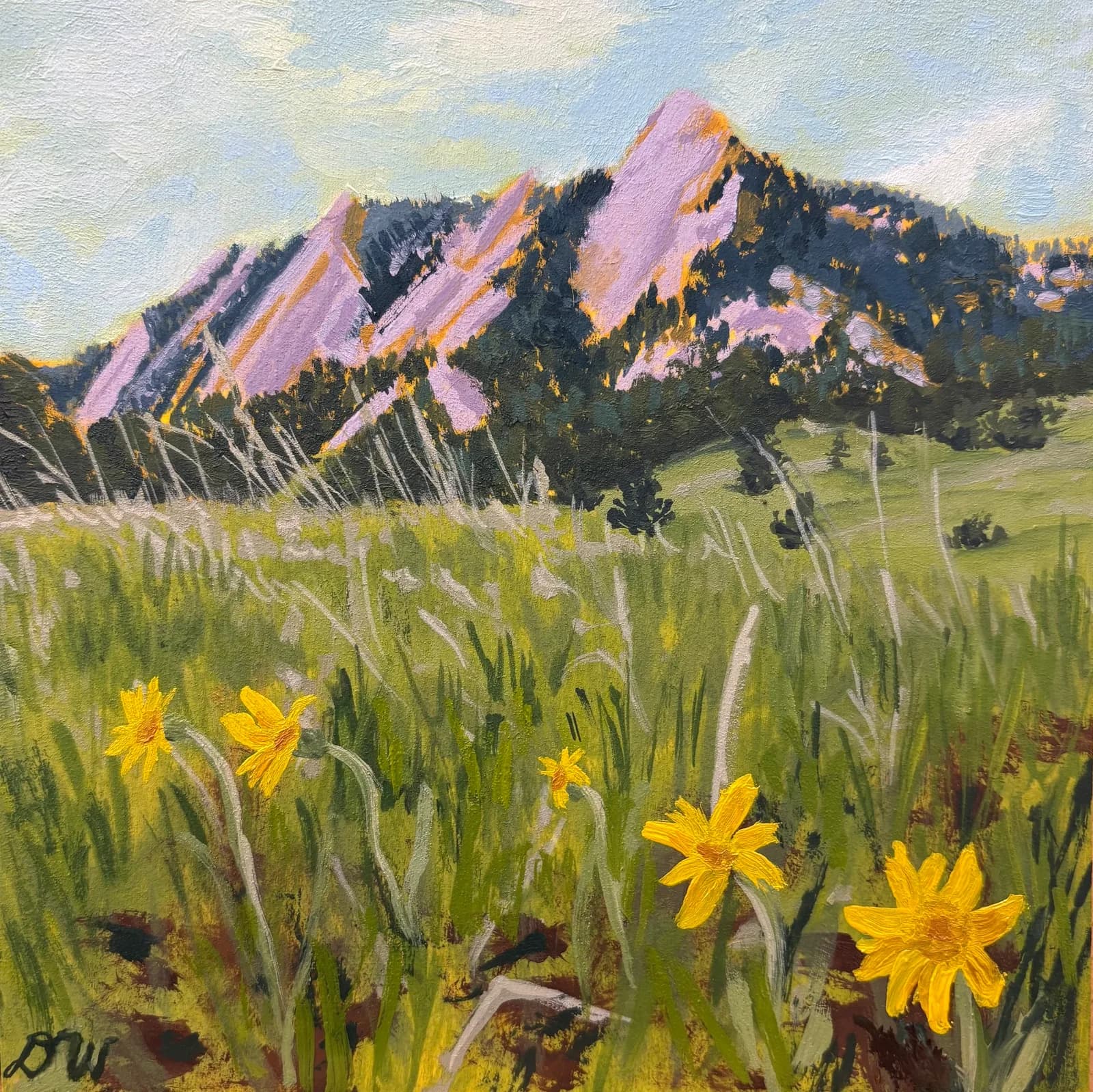 Impressionistic oil painting of the Flatirons mountains with yellow wildflowers in the foreground.