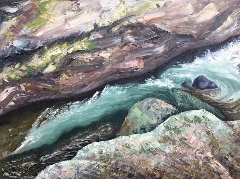 An impressionistic oil painting depicts a flowing river over rocks with a palette of Delta, Scorpion, and Tide.