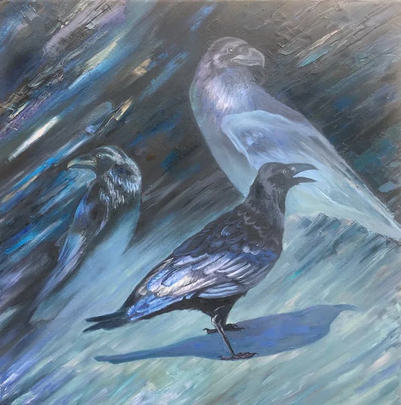 Three ravens are depicted in an expressive oil painting with a palette of Gull Gray and River Bed.