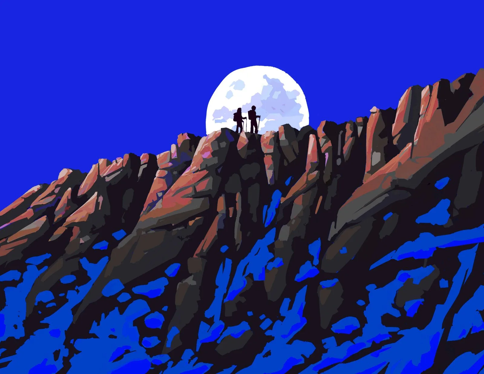 Two hikers stand silhouetted on a mountain ridge against a large moon, rendered in bold abstract strokes of blue and red.