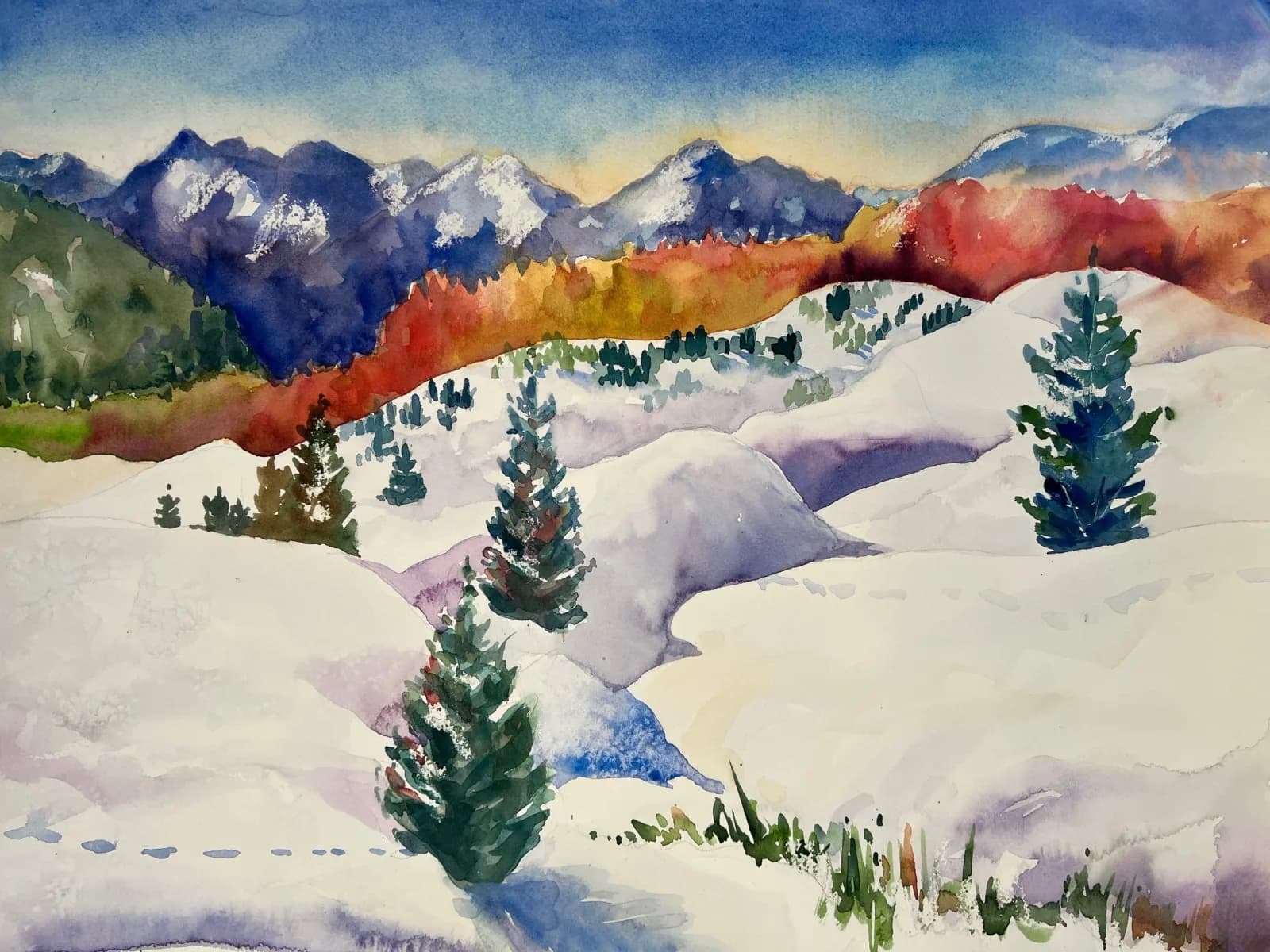 An impressionistic watercolor landscape depicts snow-covered foothills and distant mountains under a bright blue sky.