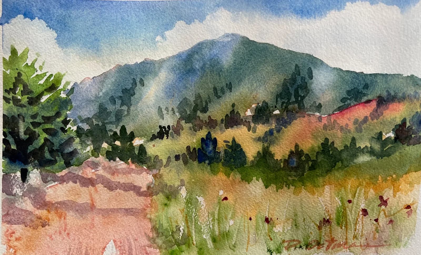 An impressionistic watercolor painting depicts a lush green mountain landscape under a cloudy blue sky.