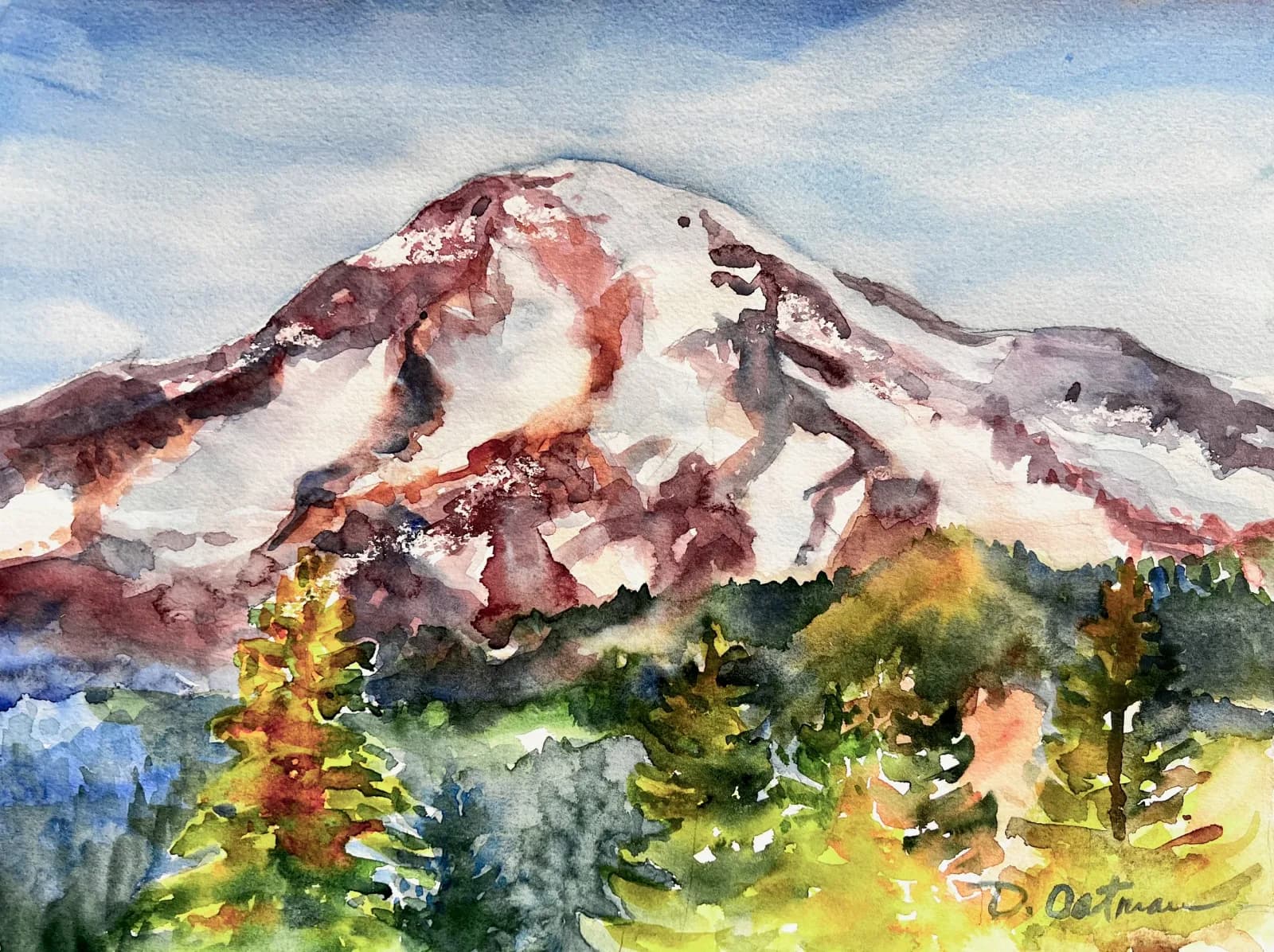 An impressionistic watercolor painting depicts a snow-capped mountain with trees in the foreground, rendered in shades of Husk and Chenin.
