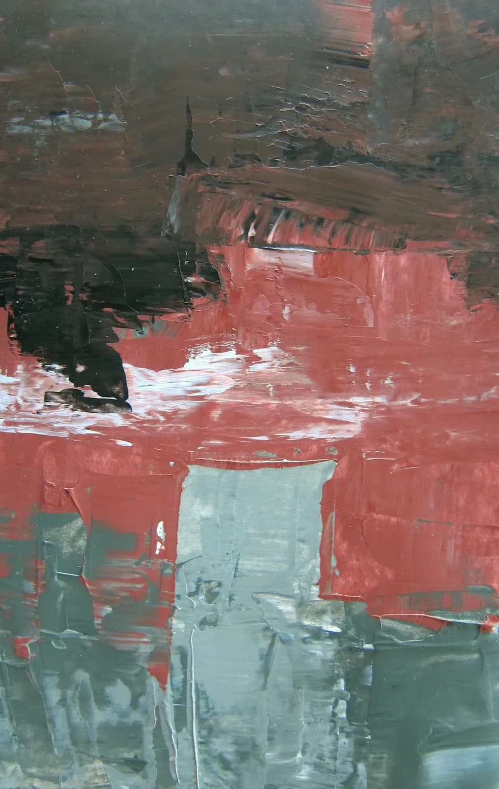 An abstract oil and acrylic painting features bold impasto strokes in Matrix, Old Rose, and Fuscous Gray.