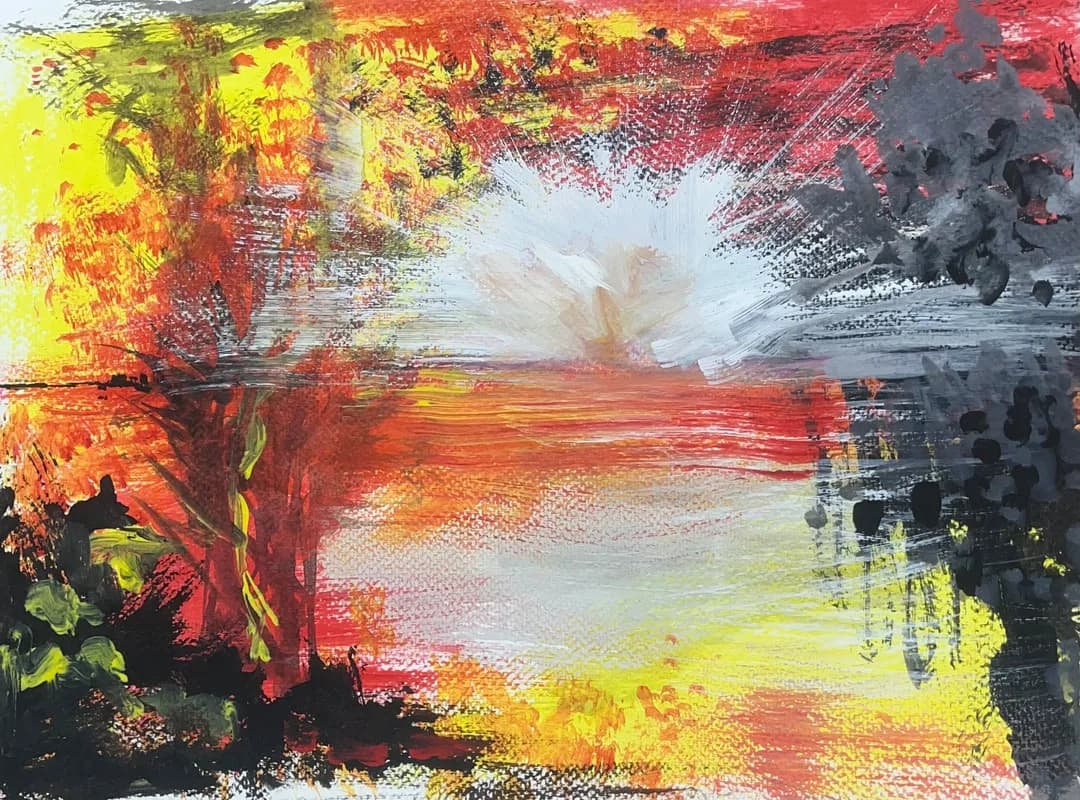 An abstract landscape painting in vibrant reds, yellows, and grays with energetic brushstrokes.