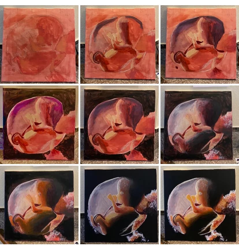 A painting in progress shows a fetus in the womb, with multiple stages of development visible.