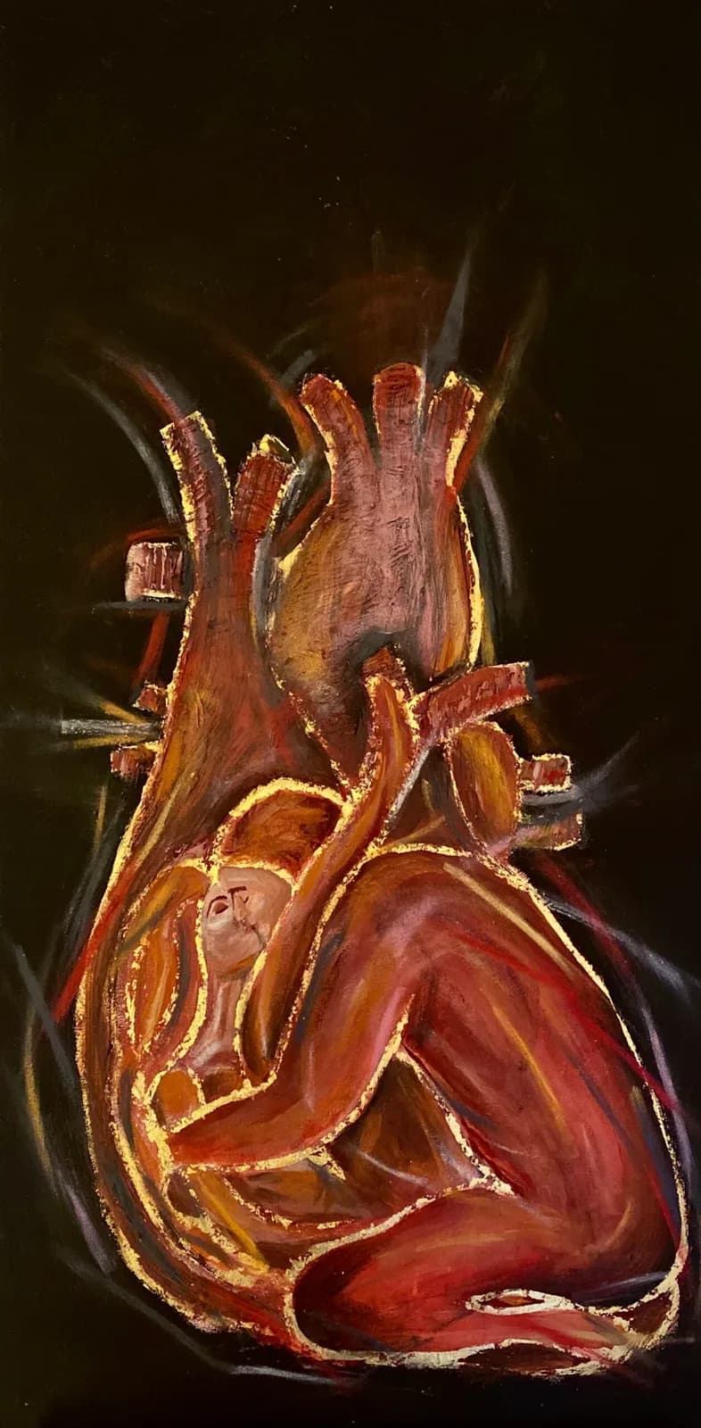 An expressive painting of a human figure curled within a stylized heart, rendered in warm tones of copper and prairie sand.