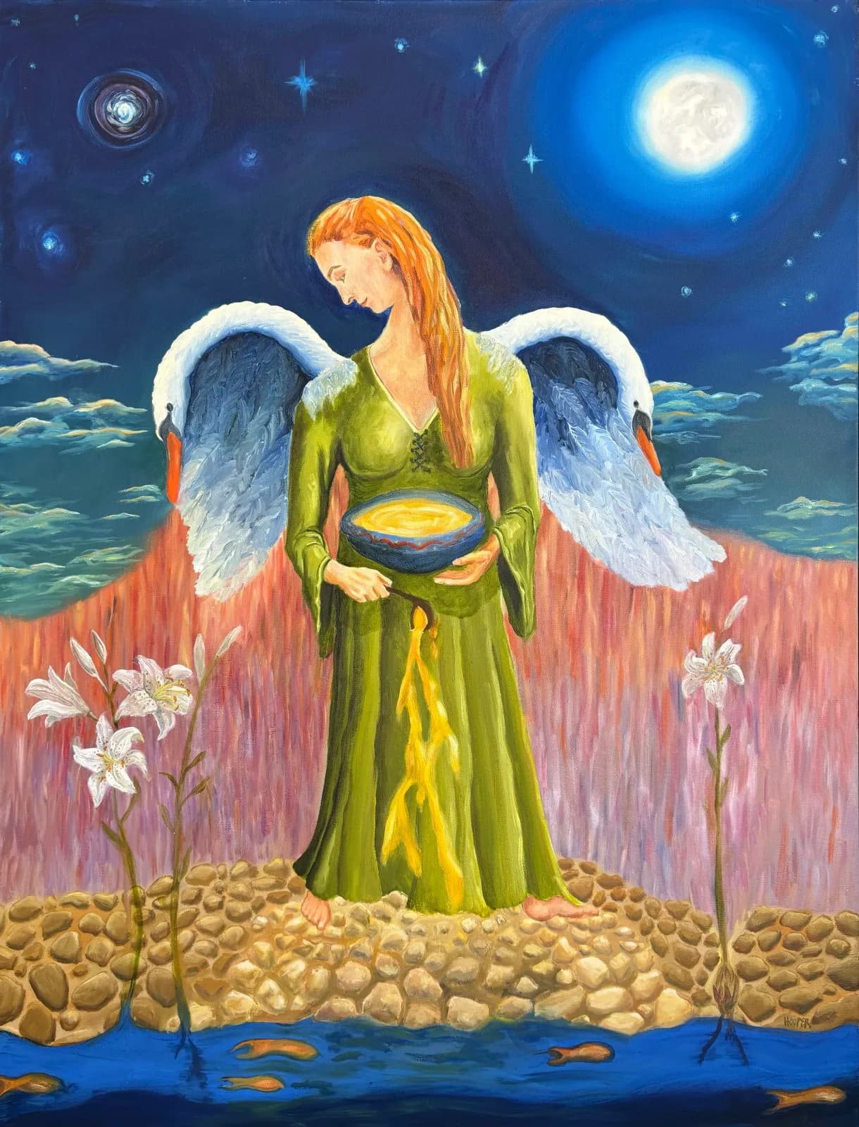 A figure with swan wings holds a bowl of yellow liquid under a moonlit sky, rendered in oil.