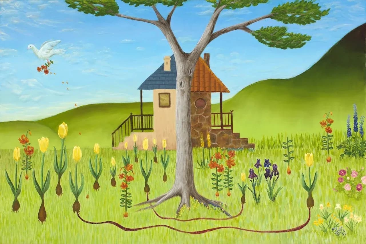A whimsical oil painting depicts a dove carrying roses over a garden with a house and tree.