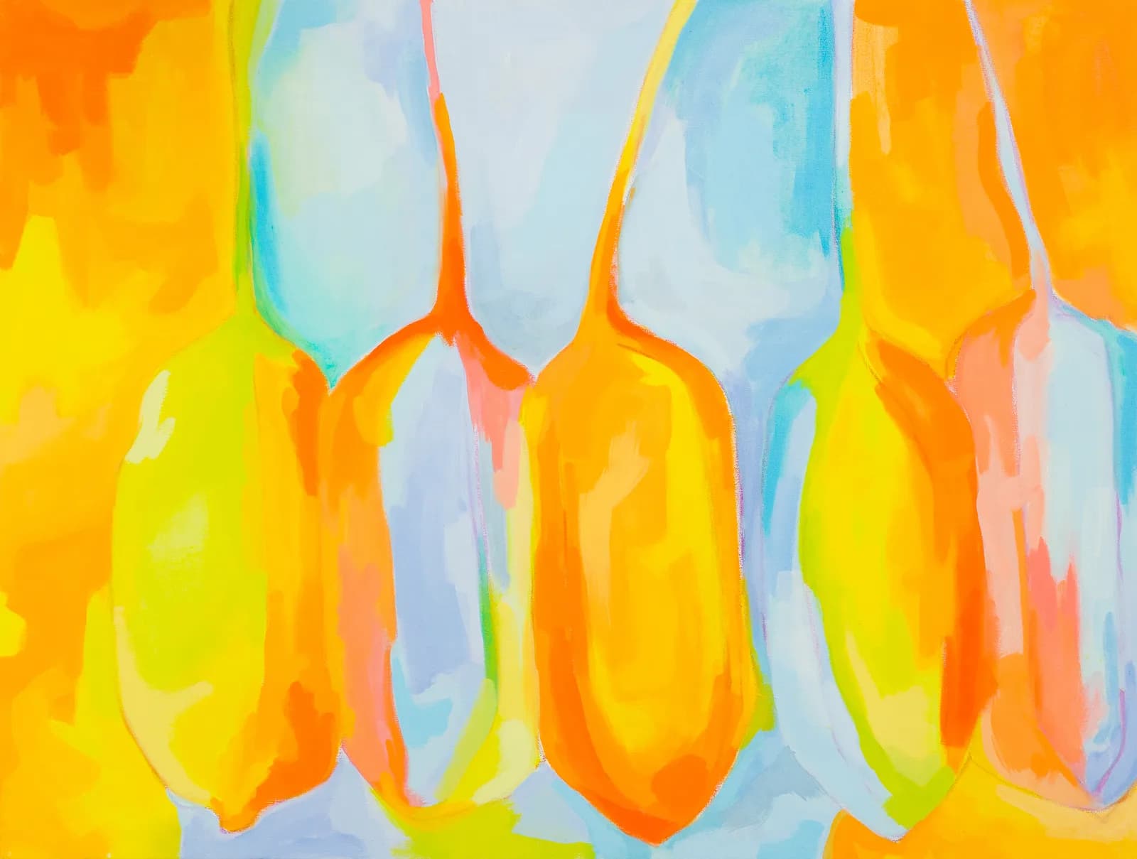 An abstract painting features bold strokes of yellow, orange, and blue, creating a vibrant and energetic composition.