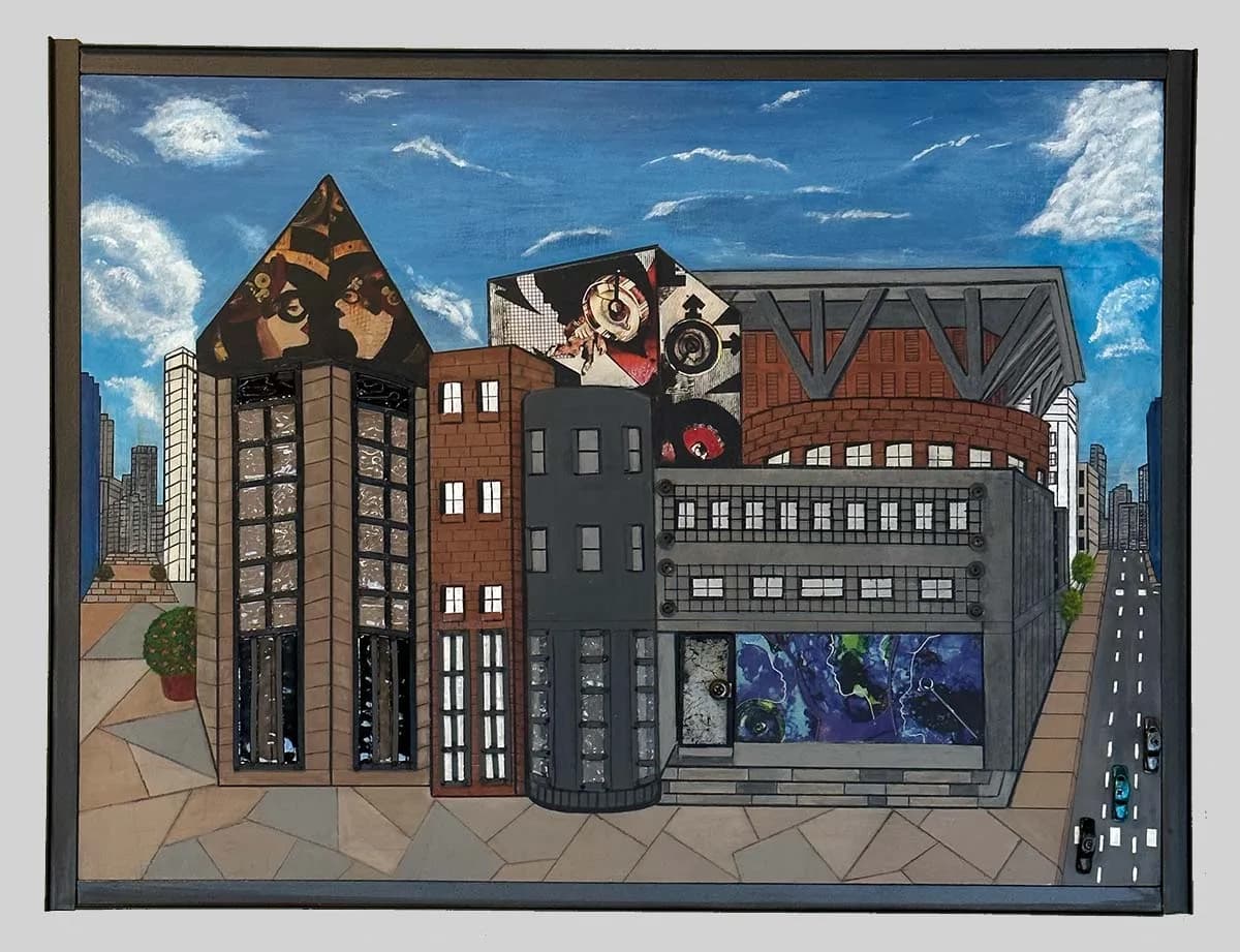 A mixed media cityscape features varied architectural styles under a blue sky with clouds.