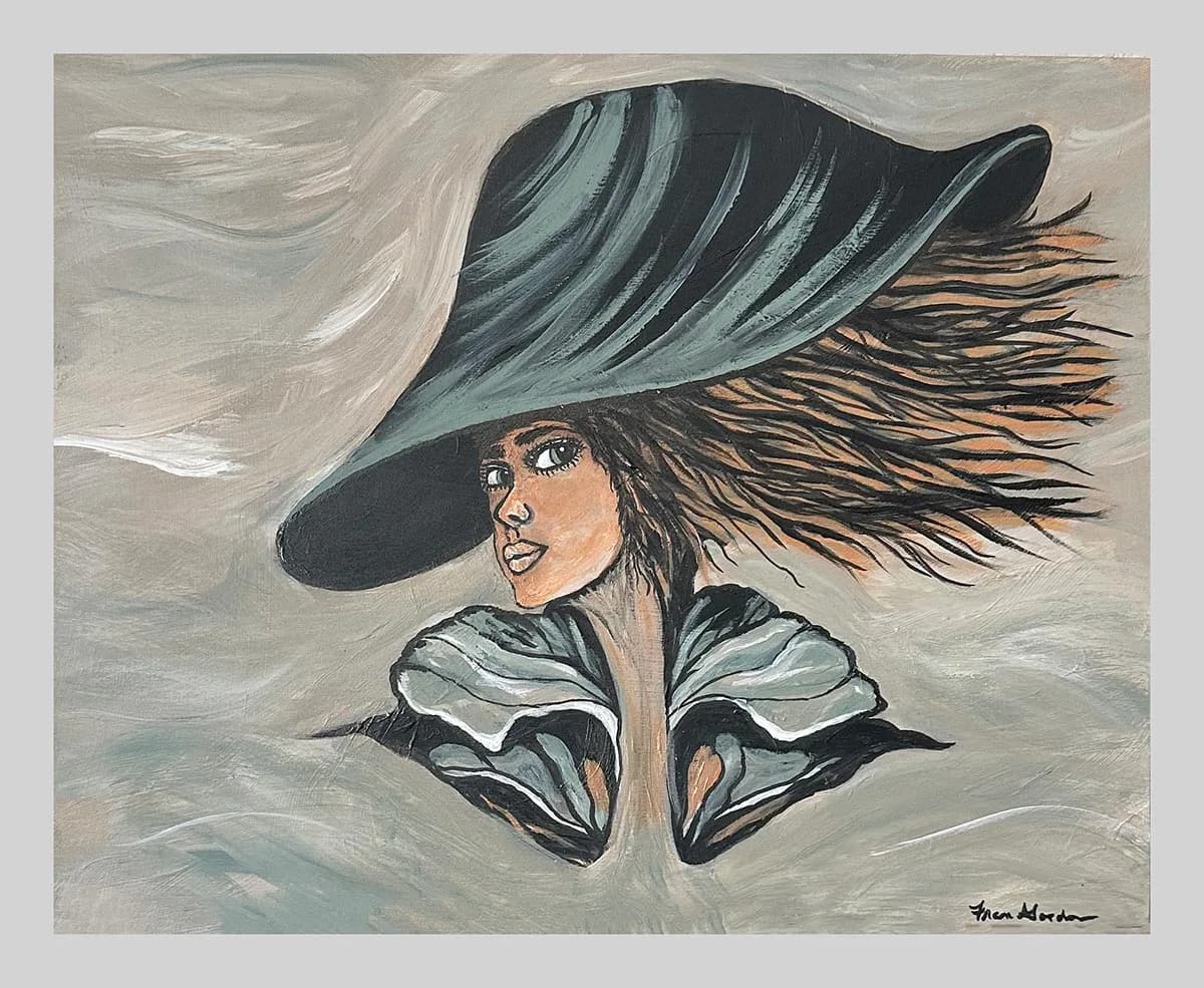 An expressive oil painting depicts a woman in a wide-brimmed hat with windblown hair against a muted background.