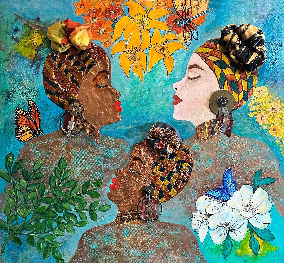 A mixed media artwork features three figures adorned with fabric and jewelry, surrounded by butterflies and flowers in vibrant colors.
