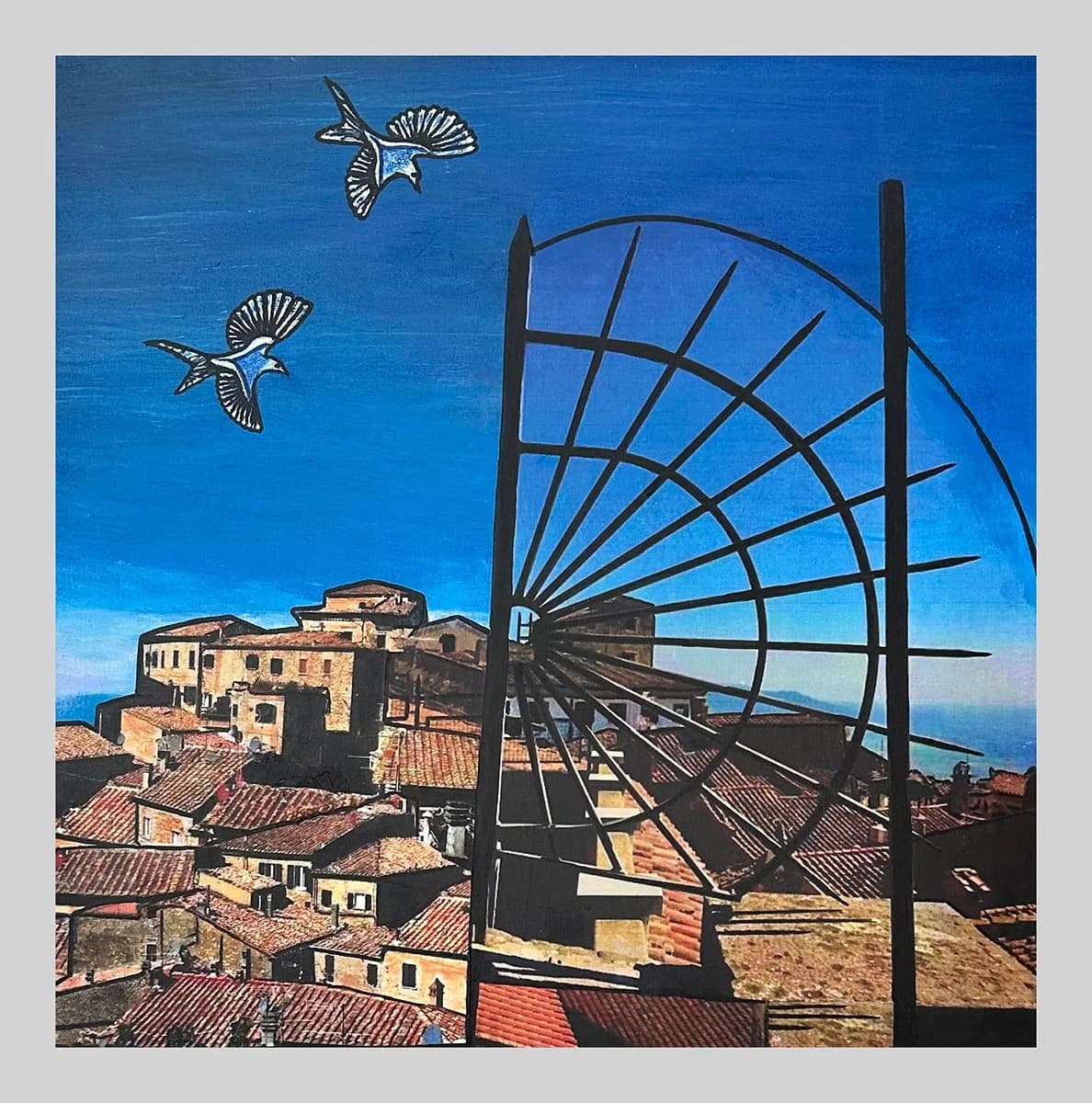 A mixed media collage depicts a European town with two birds flying against a bright blue sky.