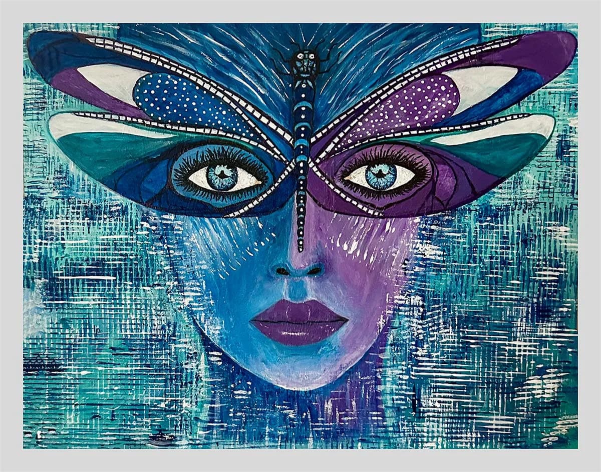 An abstract figure with a dragonfly mask is depicted in oil and acrylic with a palette of Calypso, Bossanova, and Alto.