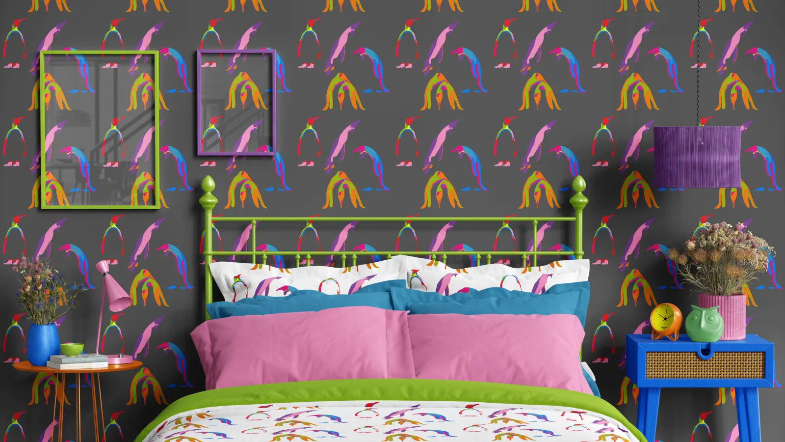 A repeating pattern of colorful abstract penguins on a dark gray background.