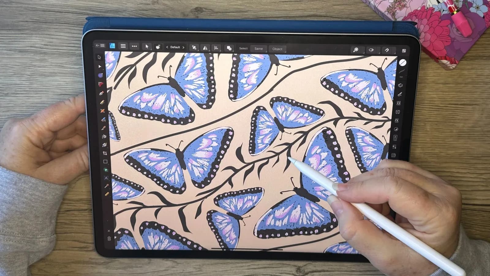 A digital illustration of blue butterflies on a beige background with botanical elements, rendered in a stylized pattern.