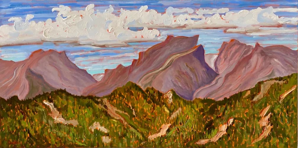 An impressionistic oil painting depicts the Flatirons mountains under a dramatic sky with thick clouds.